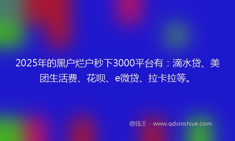 2025年的黑户烂户秒下3000平台有：滴水贷、美团生活费、花呗、e微贷、拉卡拉等。