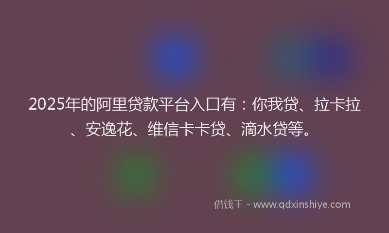 2025年的阿里贷款平台入口有：你我贷、拉卡拉、安逸花、维信卡卡贷、滴水贷等。