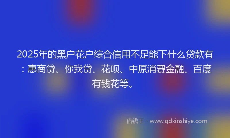 2025年的黑户花户综合信用不足能下什么贷款有：惠商贷、你我贷、花呗、中原消费金融、百度有钱花等。
