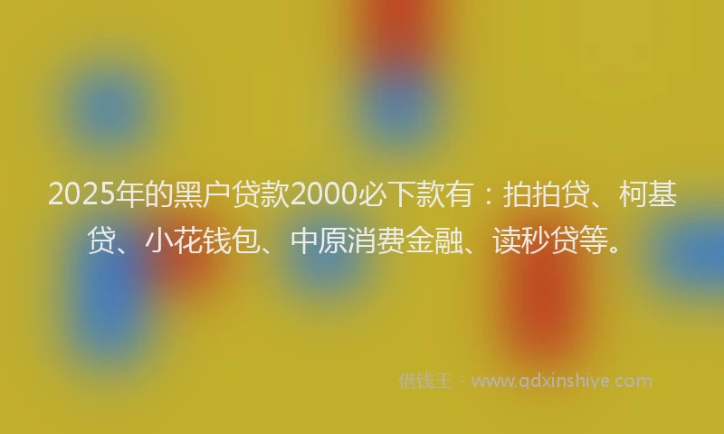 2025年的黑户贷款2000必下款有：拍拍贷、柯基贷、小花钱包、中原消费金融、读秒贷等。