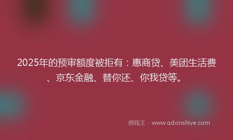 2025年的预审额度被拒有：惠商贷、美团生活费、京东金融、替你还、你我贷等。