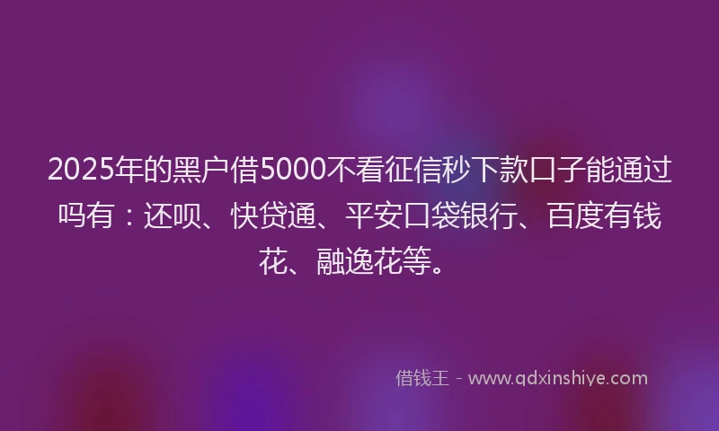 2025年的黑户借5000不看征信秒下款口子能通过吗有：还呗、快贷通、平安口袋银行、百度有钱花、融逸花等。