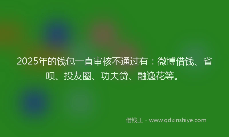 2025年的钱包一直审核不通过有：微博借钱、省呗、投友圈、功夫贷、融逸花等。