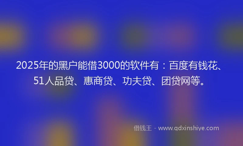 2025年的黑户能借3000的软件有：百度有钱花、51人品贷、惠商贷、功夫贷、团贷网等。