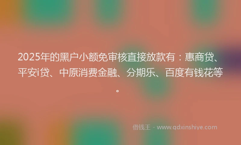 2025年的黑户小额免审核直接放款有：惠商贷、平安i贷、中原消费金融、分期乐、百度有钱花等。