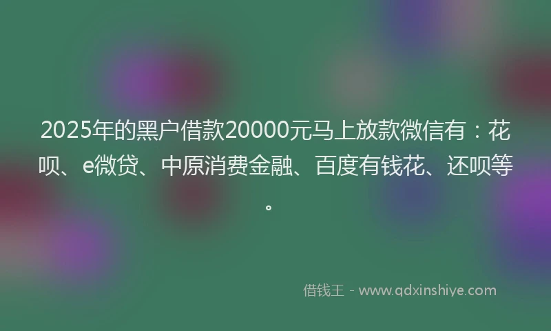 2025年的黑户借款20000元马上放款微信有：花呗、e微贷、中原消费金融、百度有钱花、还呗等。