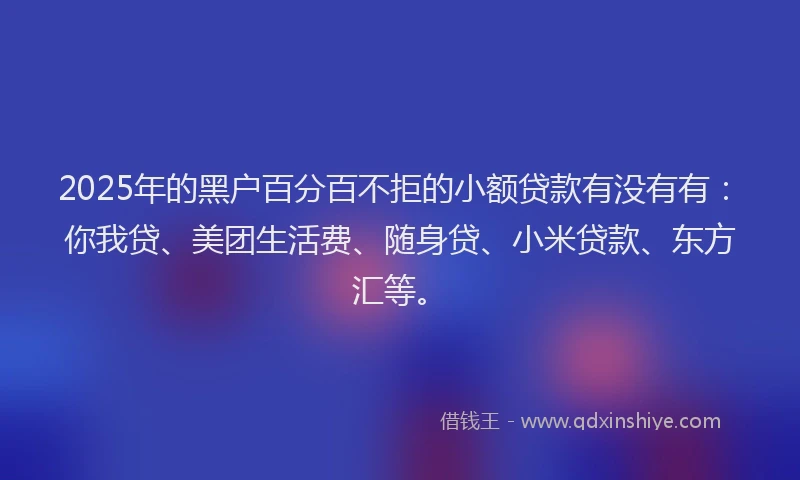 2025年的黑户百分百不拒的小额贷款有没有有：你我贷、美团生活费、随身贷、小米贷款、东方汇等。