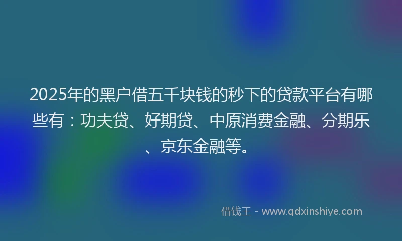 2025年的黑户借五千块钱的秒下的贷款平台有哪些有：功夫贷、好期贷、中原消费金融、分期乐、京东金融等。