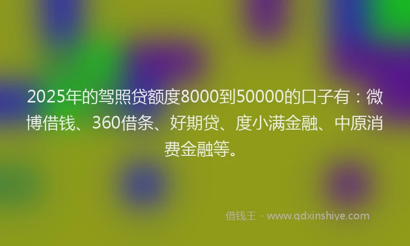 2025年的驾照贷额度8000到50000的口子有：微博借钱、360借条、好期贷、度小满金融、中原消费金融等。