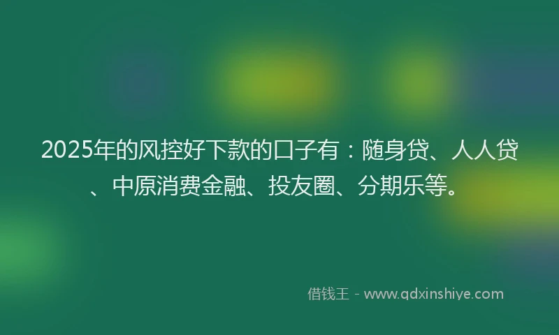 2025年的风控好下款的口子有：随身贷、人人贷、中原消费金融、投友圈、分期乐等。