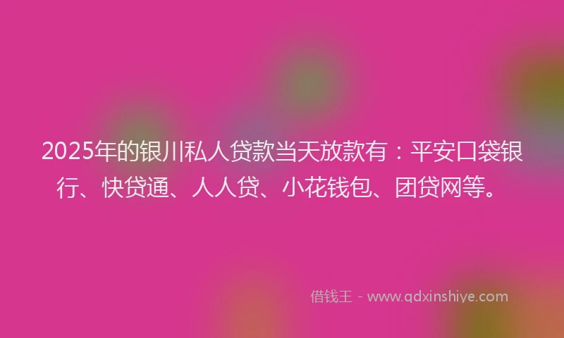 2025年的银川私人贷款当天放款有：平安口袋银行、快贷通、人人贷、小花钱包、团贷网等。