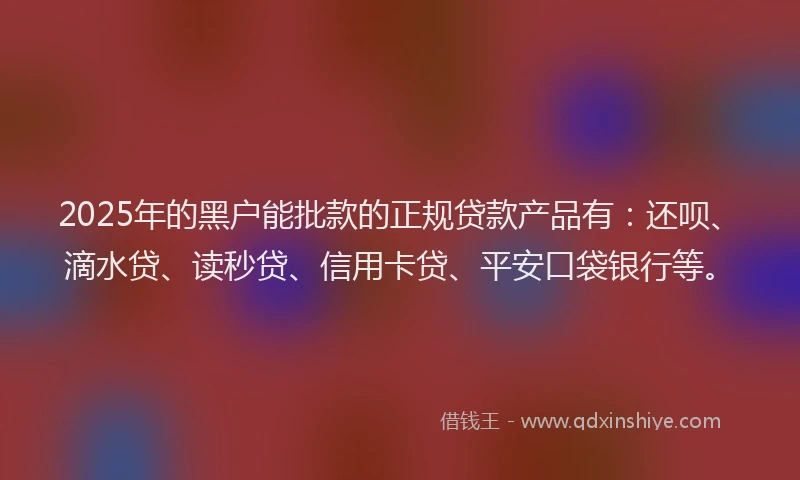 2025年的黑户能批款的正规贷款产品有：还呗、滴水贷、读秒贷、信用卡贷、平安口袋银行等。