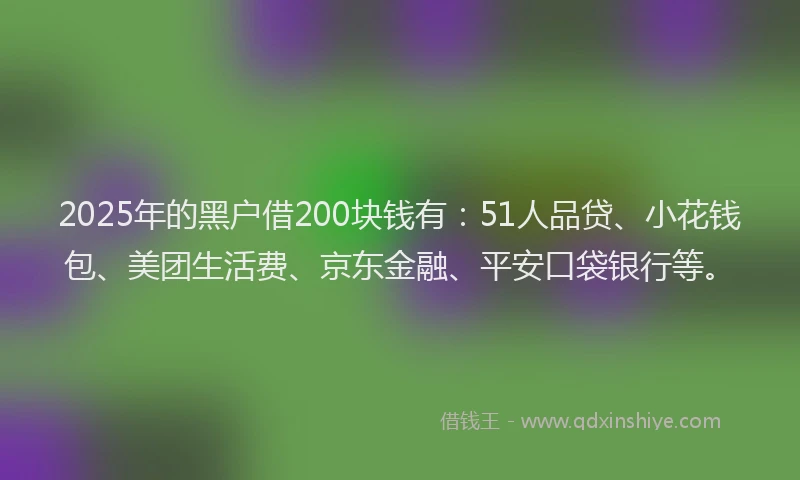 2025年的黑户借200块钱有：51人品贷、小花钱包、美团生活费、京东金融、平安口袋银行等。