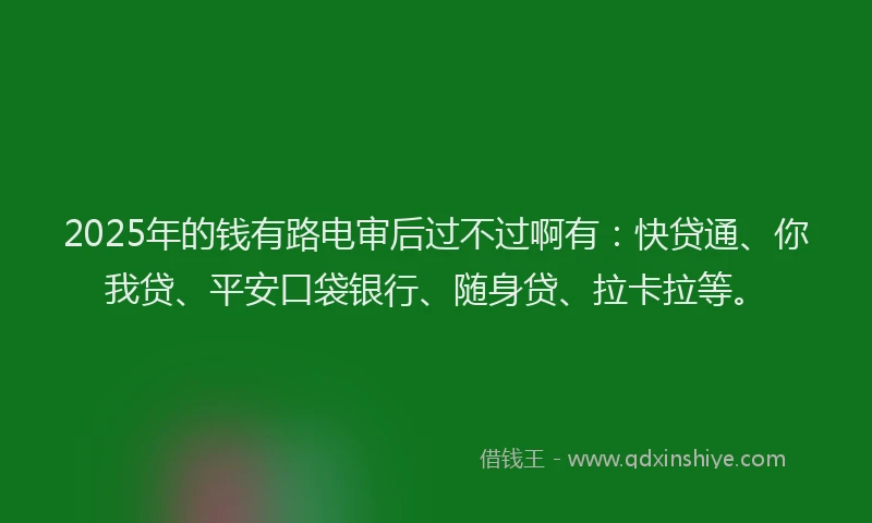2025年的钱有路电审后过不过啊有：快贷通、你我贷、平安口袋银行、随身贷、拉卡拉等。