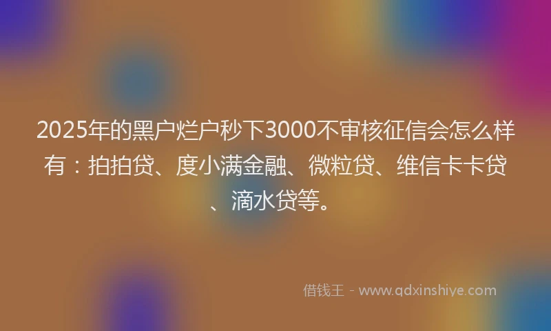 2025年的黑户烂户秒下3000不审核征信会怎么样有：拍拍贷、度小满金融、微粒贷、维信卡卡贷、滴水贷等。