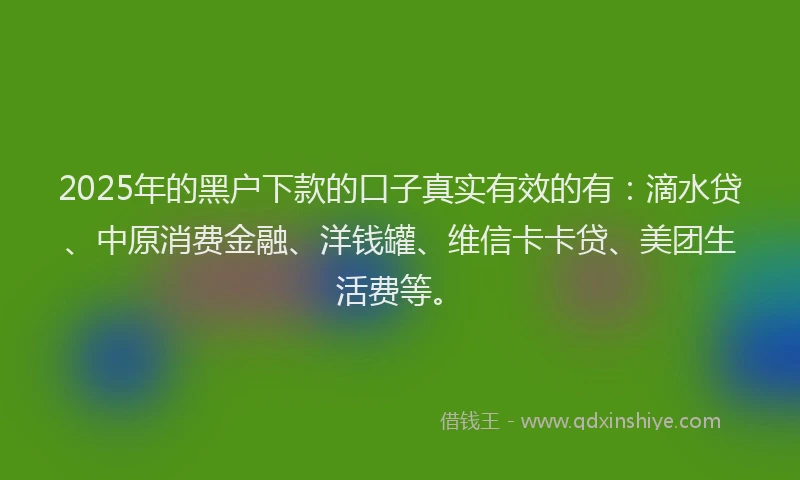 2025年的黑户下款的口子真实有效的有：滴水贷、中原消费金融、洋钱罐、维信卡卡贷、美团生活费等。