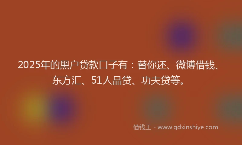 2025年的黑户贷款口子有：替你还、微博借钱、东方汇、51人品贷、功夫贷等。