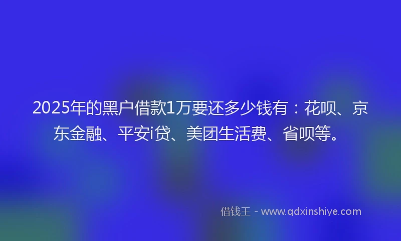 2025年的黑户借款1万要还多少钱有：花呗、京东金融、平安i贷、美团生活费、省呗等。
