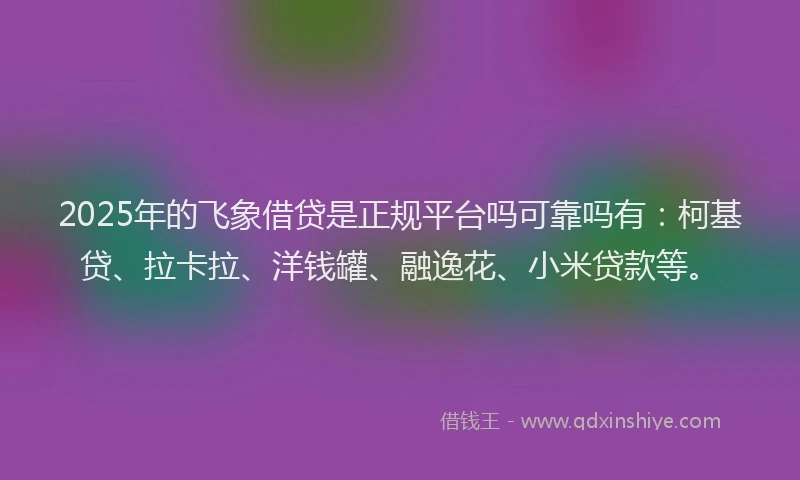 2025年的飞象借贷是正规平台吗可靠吗有：柯基贷、拉卡拉、洋钱罐、融逸花、小米贷款等。