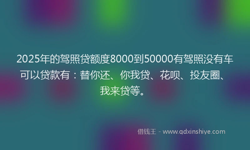 2025年的驾照贷额度8000到50000有驾照没有车可以贷款有：替你还、你我贷、花呗、投友圈、我来贷等。