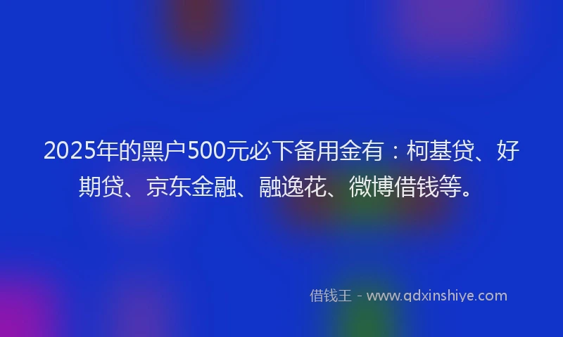 2025年的黑户500元必下备用金有：柯基贷、好期贷、京东金融、融逸花、微博借钱等。
