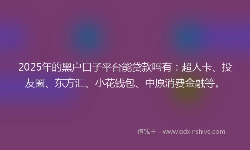 2025年的黑户口子平台能贷款吗有：超人卡、投友圈、东方汇、小花钱包、中原消费金融等。