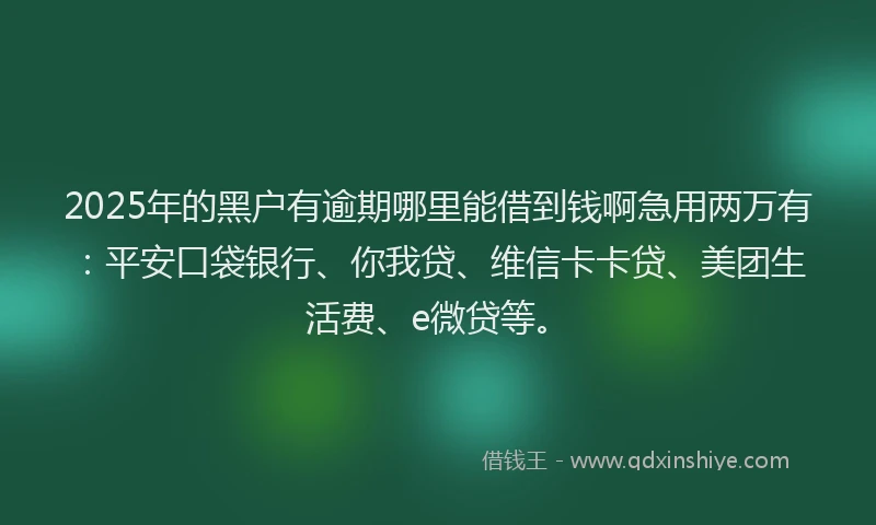 2025年的黑户有逾期哪里能借到钱啊急用两万有：平安口袋银行、你我贷、维信卡卡贷、美团生活费、e微贷等。