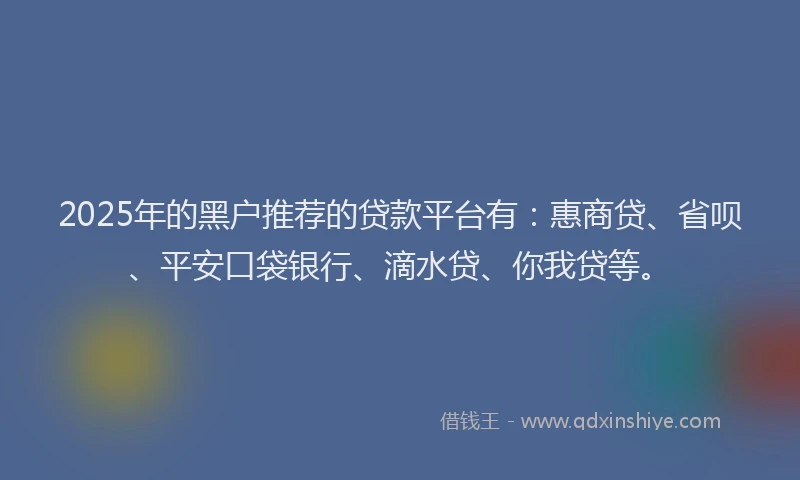 2025年的黑户推荐的贷款平台有：惠商贷、省呗、平安口袋银行、滴水贷、你我贷等。