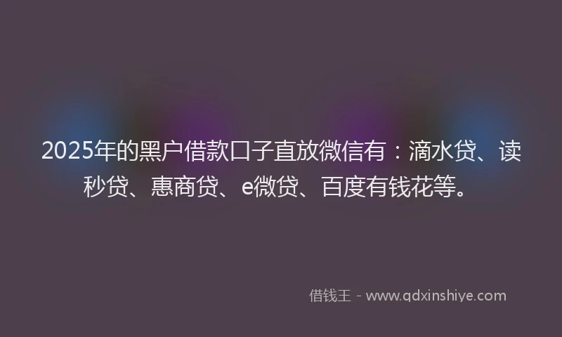 2025年的黑户借款口子直放微信有：滴水贷、读秒贷、惠商贷、e微贷、百度有钱花等。