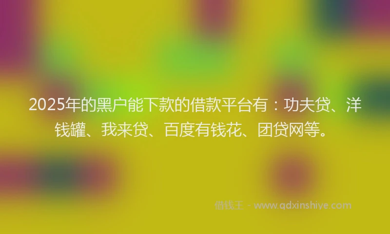 2025年的黑户能下款的借款平台有：功夫贷、洋钱罐、我来贷、百度有钱花、团贷网等。