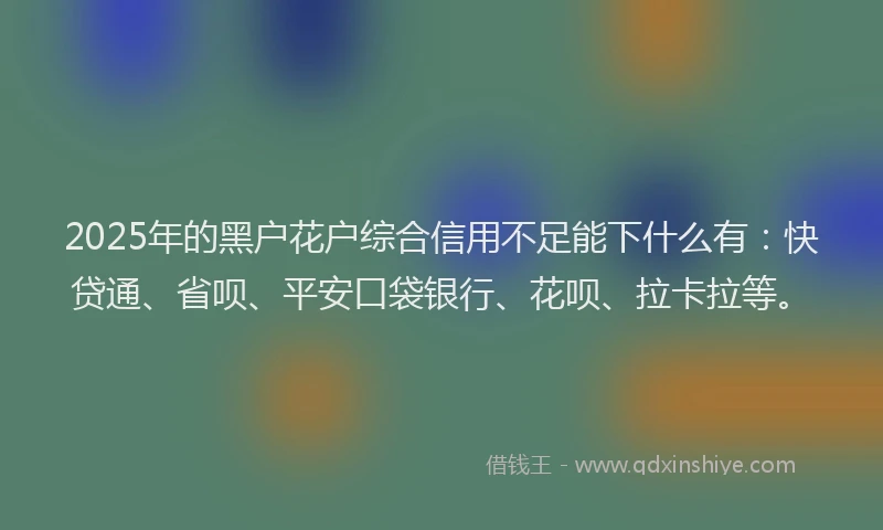 2025年的黑户花户综合信用不足能下什么有：快贷通、省呗、平安口袋银行、花呗、拉卡拉等。