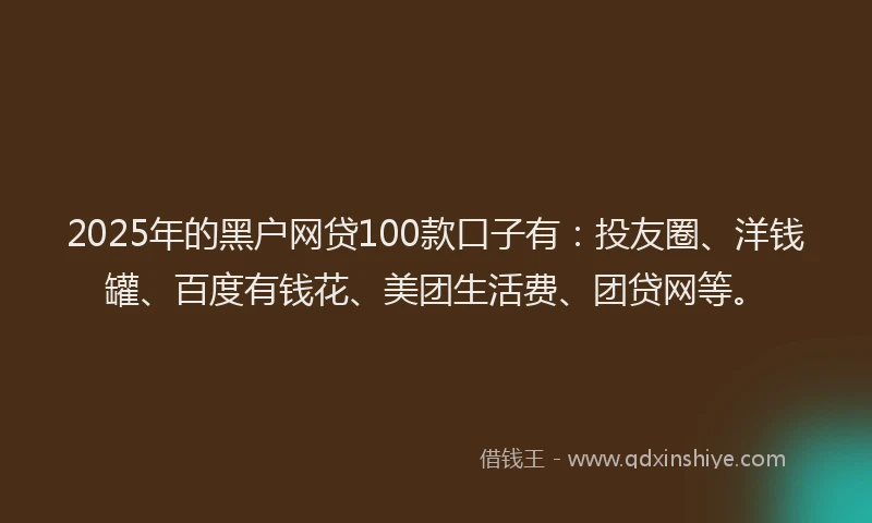 2025年的黑户网贷100款口子有：投友圈、洋钱罐、百度有钱花、美团生活费、团贷网等。