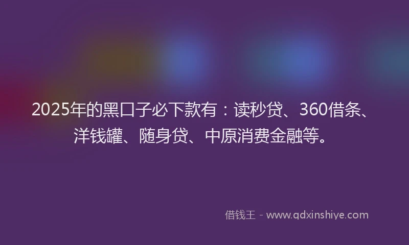 2025年的黑口子必下款有：读秒贷、360借条、洋钱罐、随身贷、中原消费金融等。
