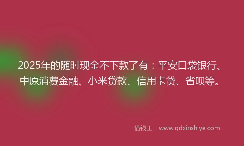 2025年的随时现金不下款了有：平安口袋银行、中原消费金融、小米贷款、信用卡贷、省呗等。
