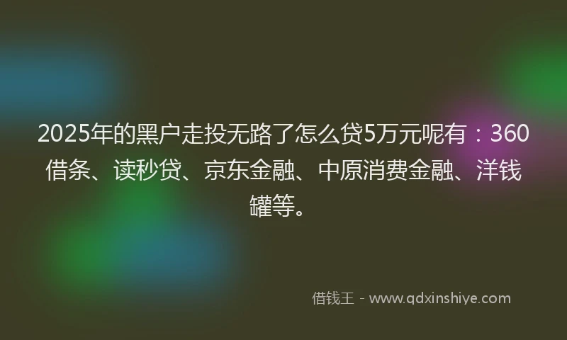 2025年的黑户走投无路了怎么贷5万元呢有：360借条、读秒贷、京东金融、中原消费金融、洋钱罐等。