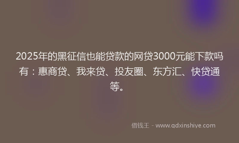 2025年的黑征信也能贷款的网贷3000元能下款吗有：惠商贷、我来贷、投友圈、东方汇、快贷通等。