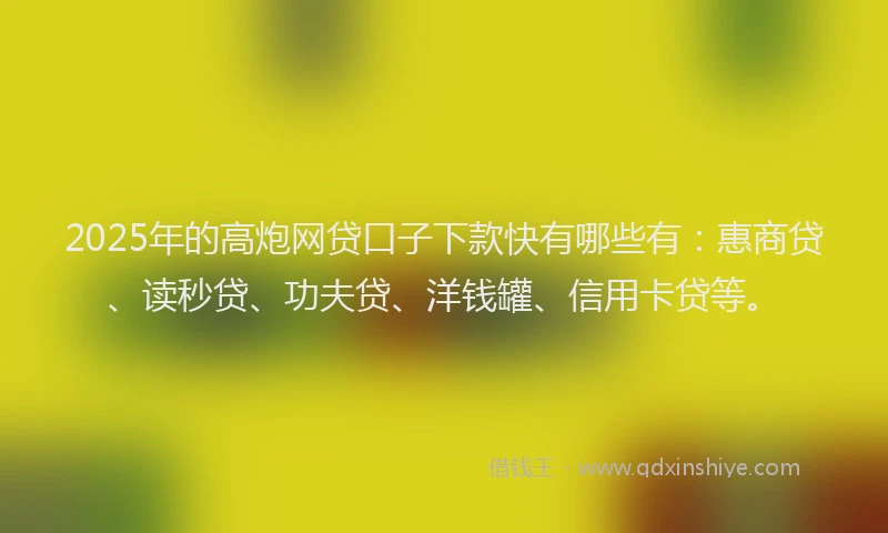 2025年的高炮网贷口子下款快有哪些有：惠商贷、读秒贷、功夫贷、洋钱罐、信用卡贷等。