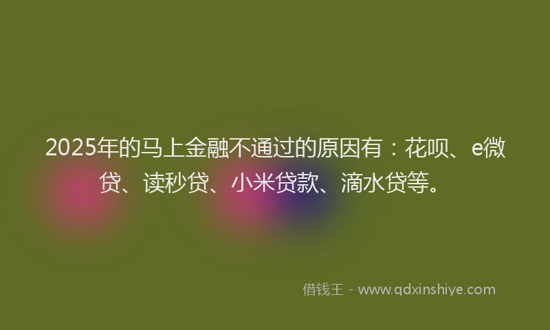 2025年的马上金融不通过的原因有：花呗、e微贷、读秒贷、小米贷款、滴水贷等。