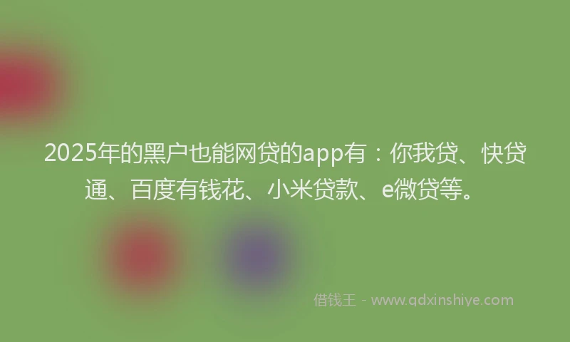 2025年的黑户也能网贷的app有：你我贷、快贷通、百度有钱花、小米贷款、e微贷等。