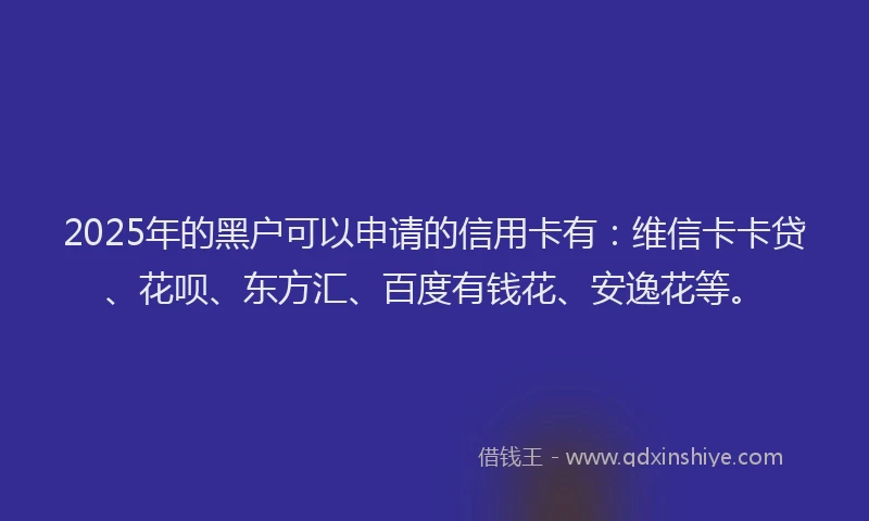 2025年的黑户可以申请的信用卡有：维信卡卡贷、花呗、东方汇、百度有钱花、安逸花等。
