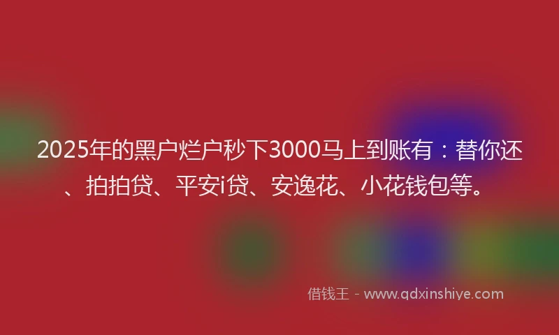 2025年的黑户烂户秒下3000马上到账有：替你还、拍拍贷、平安i贷、安逸花、小花钱包等。