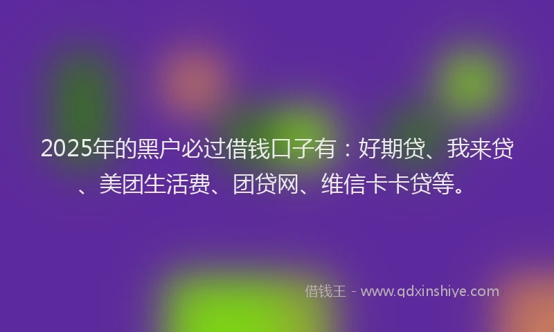 2025年的黑户必过借钱口子有：好期贷、我来贷、美团生活费、团贷网、维信卡卡贷等。