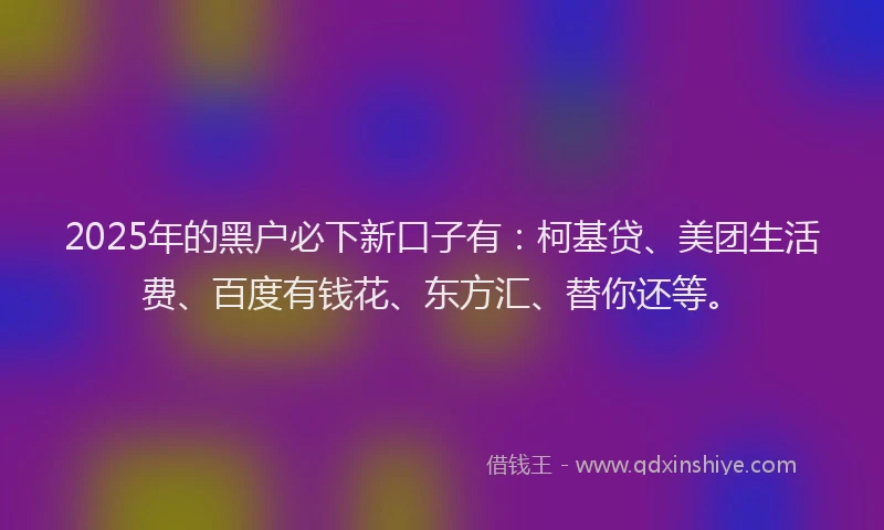2025年的黑户必下新口子有：柯基贷、美团生活费、百度有钱花、东方汇、替你还等。