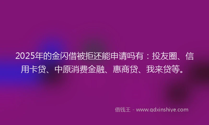 2025年的金闪借被拒还能申请吗有：投友圈、信用卡贷、中原消费金融、惠商贷、我来贷等。