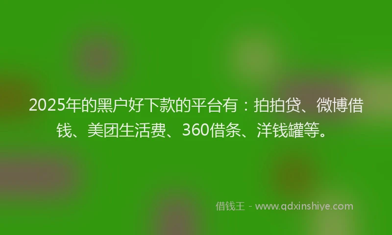 2025年的黑户好下款的平台有：拍拍贷、微博借钱、美团生活费、360借条、洋钱罐等。