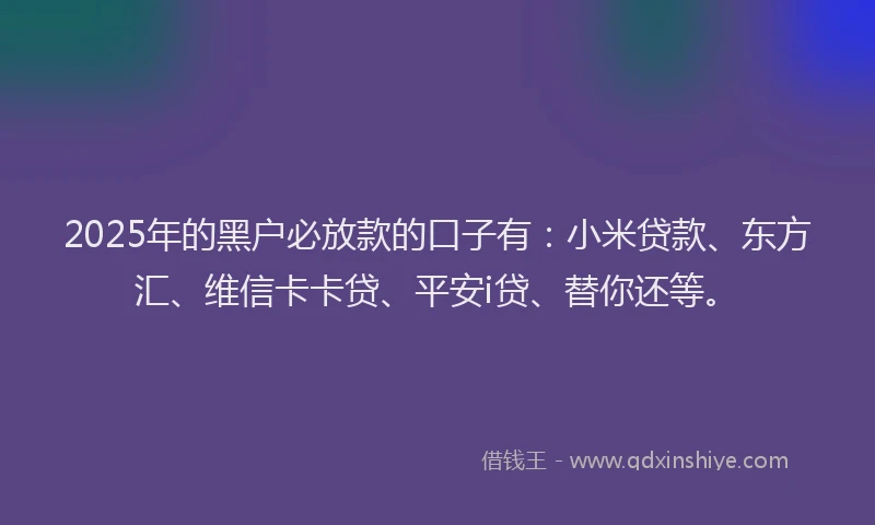 2025年的黑户必放款的口子有：小米贷款、东方汇、维信卡卡贷、平安i贷、替你还等。