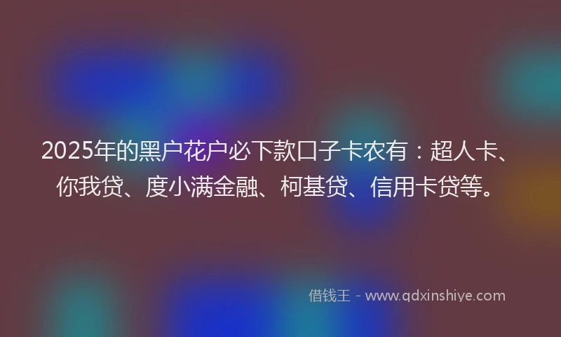 2025年的黑户花户必下款口子卡农有：超人卡、你我贷、度小满金融、柯基贷、信用卡贷等。