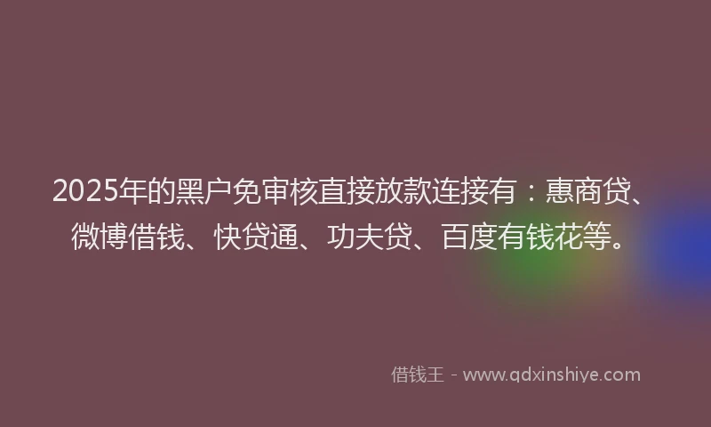 2025年的黑户免审核直接放款连接有：惠商贷、微博借钱、快贷通、功夫贷、百度有钱花等。