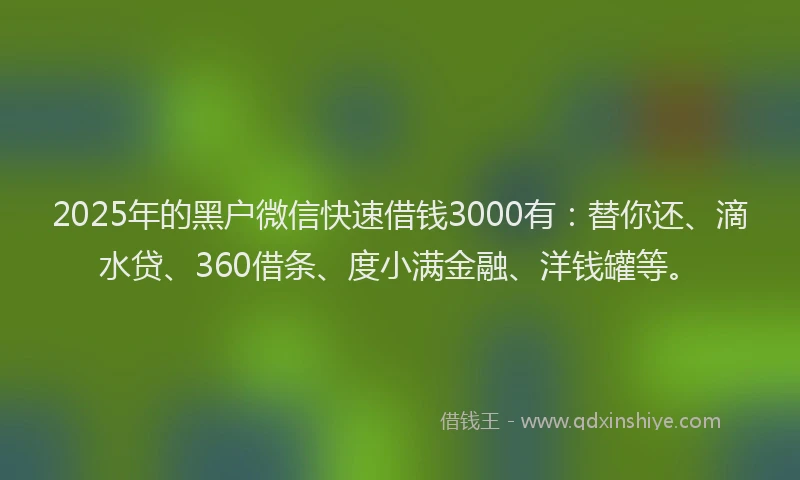 2025年的黑户微信快速借钱3000有：替你还、滴水贷、360借条、度小满金融、洋钱罐等。
