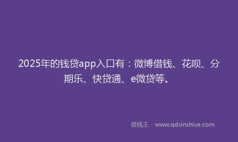2025年的钱贷app入口有：微博借钱、花呗、分期乐、快贷通、e微贷等。
